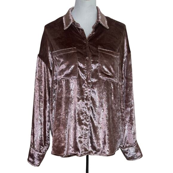 Fate Pink Crushed Velvet Button Up Blouse with Front Pockets Sz M - Picture 1 of 10